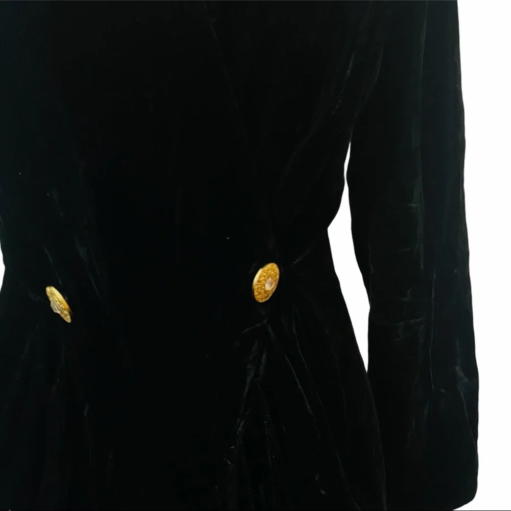 1980’s Divine Vintage Black Velvet Wiggle Dress with Gold Buttons, Marked a 8 - Picture 5 of 10